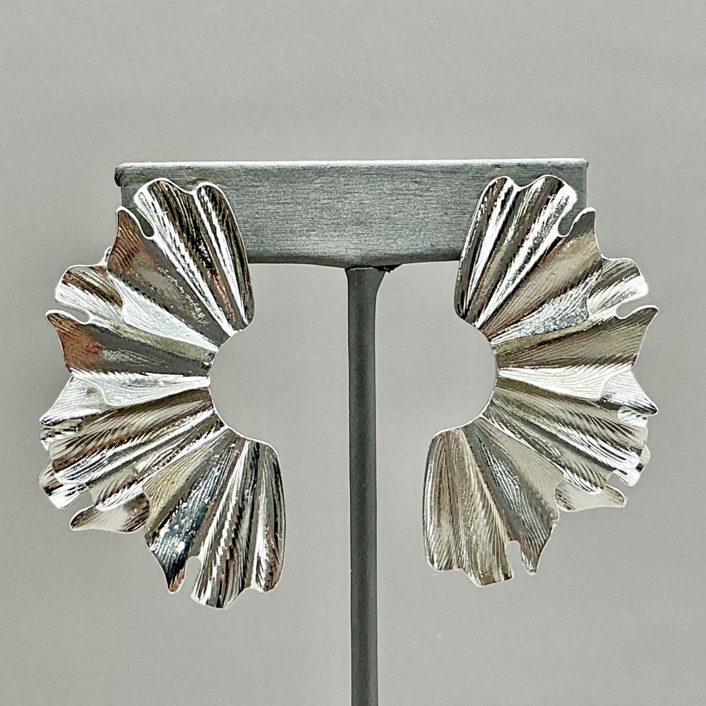 Fan Stud Earrings Women Silver Tone Textured Abstract Scalloped Wing Statement